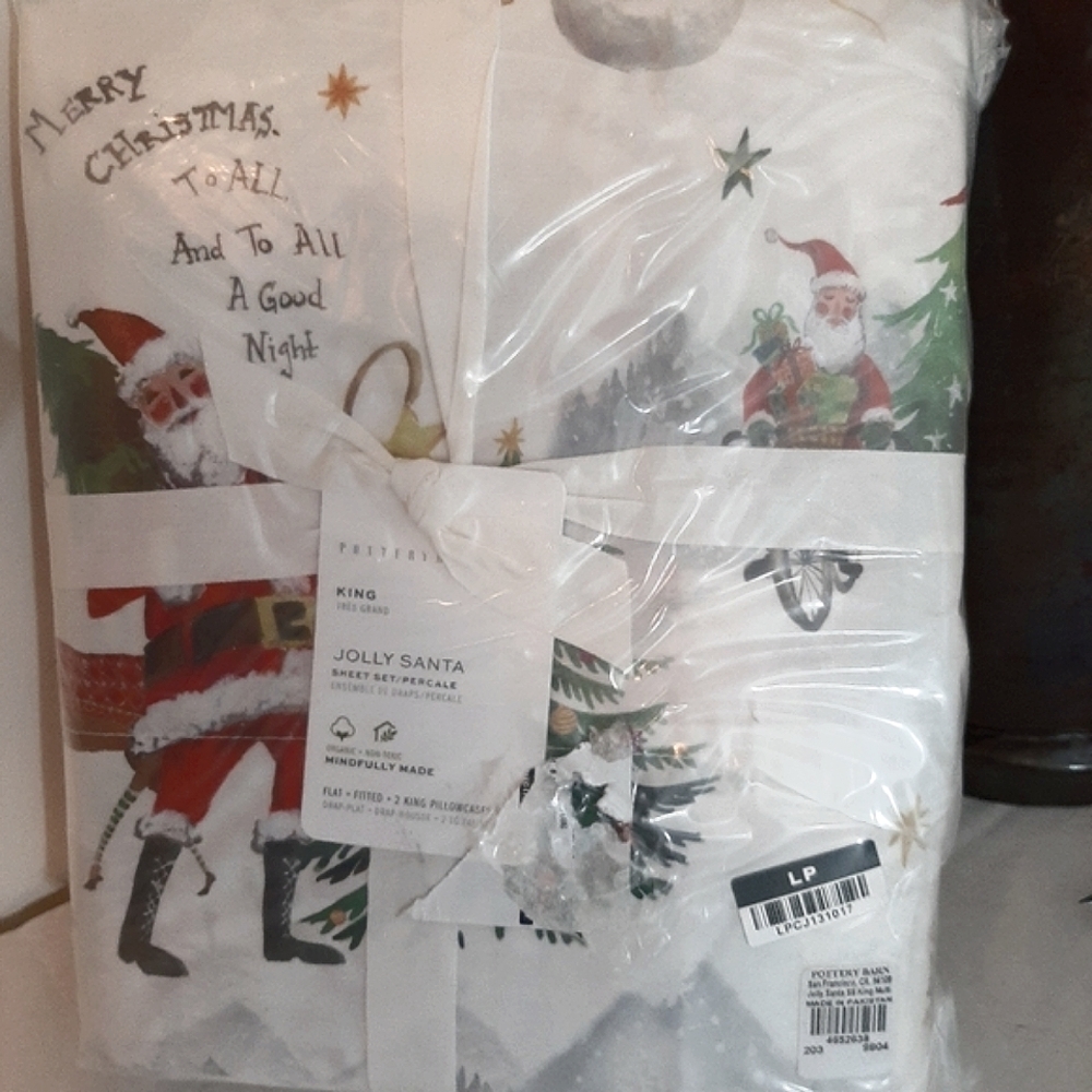 Pottery Barn Jolly Santa KING Cotton Percale Sheet Set - Picture 8 of 12